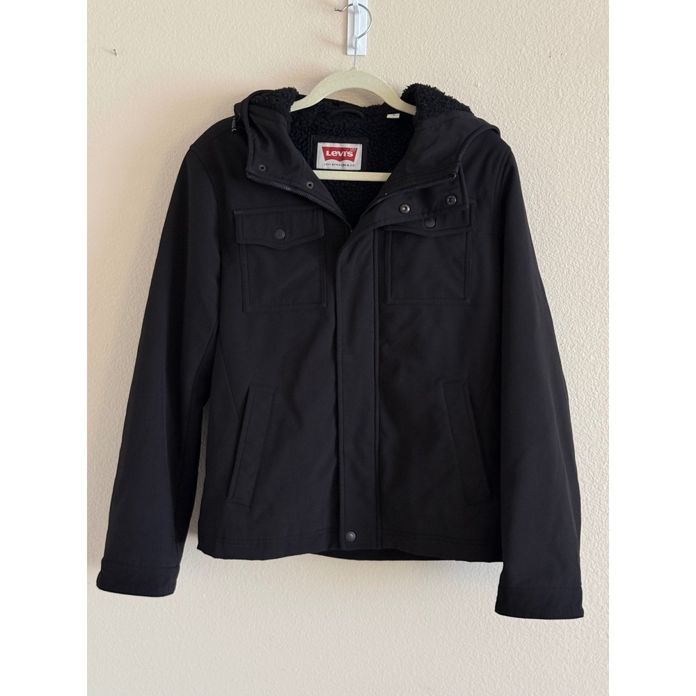 Levis Mens Sherpa Lined Hooded Softshell Jacket Black Small Full Zip Coat